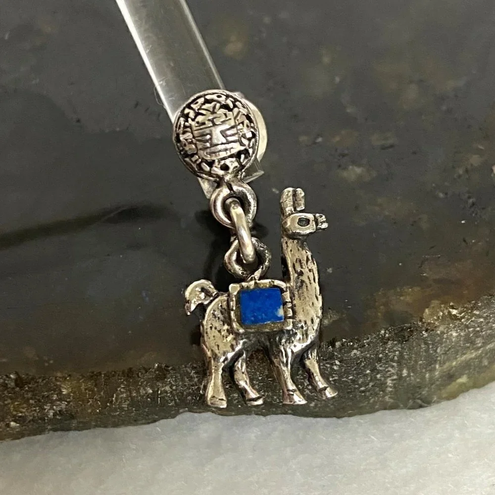 Sterling Silver 925 Southwest Style Llama Alpaca Lapis Dangle Drop Earrings